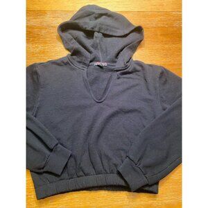 Black Crop Hoodie With V-Neck & Elastic Hem